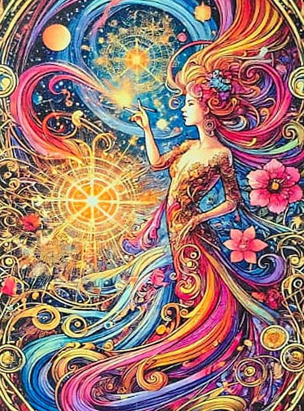 The Muse card: a muse with flowing rainbow hair releasing a burst of golden light, flowers and stars swirling round her