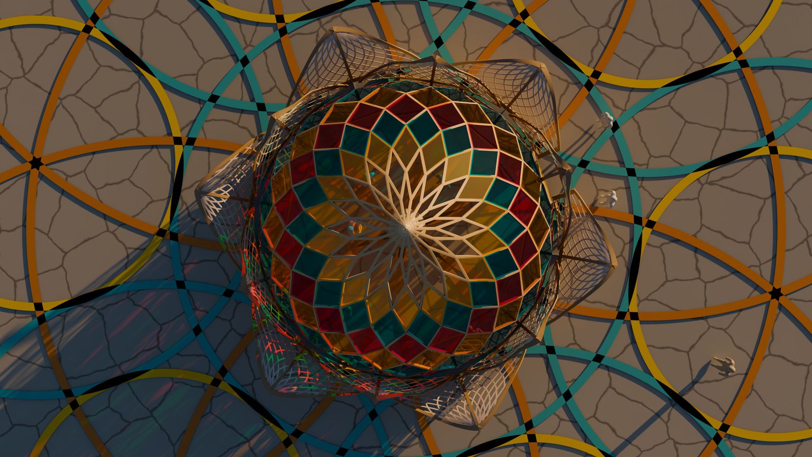 The Seed from above, at the centre of its pattern of coloured circles on the clay