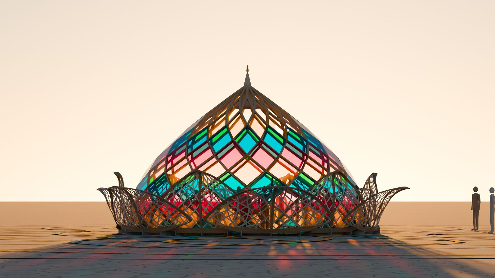 The Seed at dawn, its one low doorway facing the rising sun