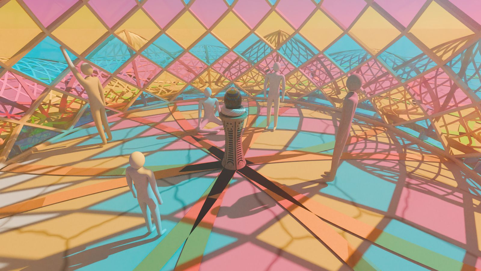 Inside The Seed at midday: the floor and the people on it in fields of yellow, cyan and pink light