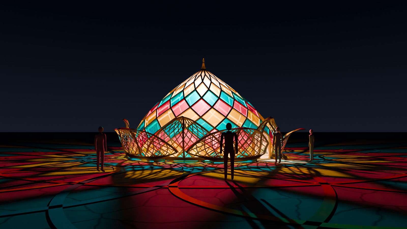 The Seed at night with the lantern lit inside, the dome glowing and coloured light thrown across the ground